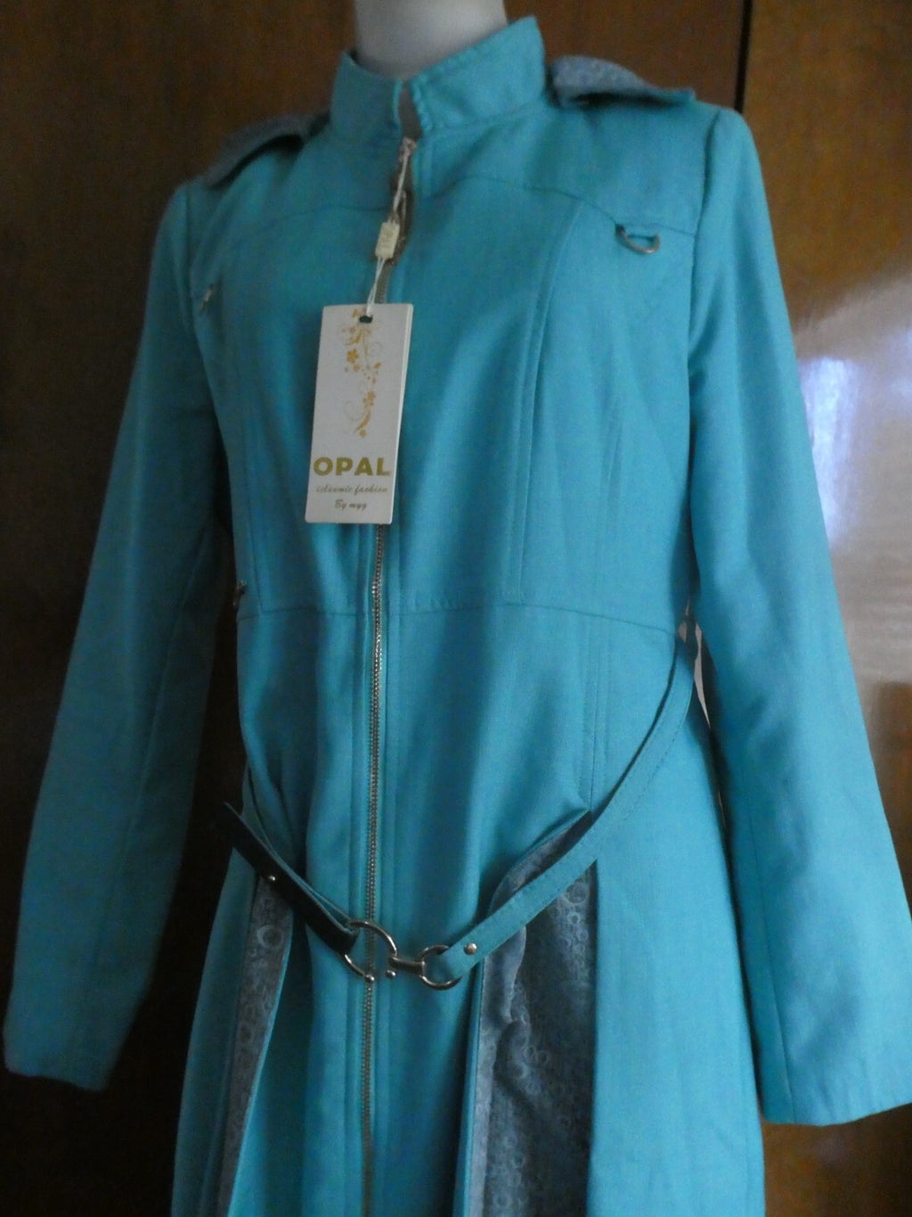 Opal Islamic women light sea green lined full zip belted long hooded coat US14