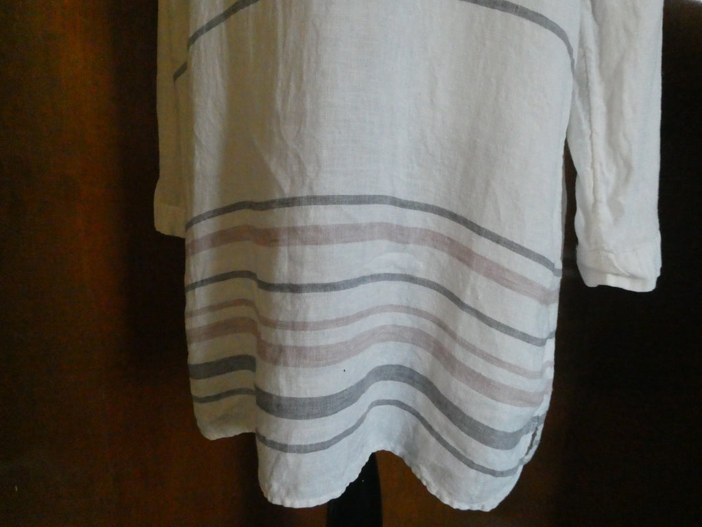 Tahari 100% Linen Striped Tunic Dress White Long Sleeve Pockets Size Medium
