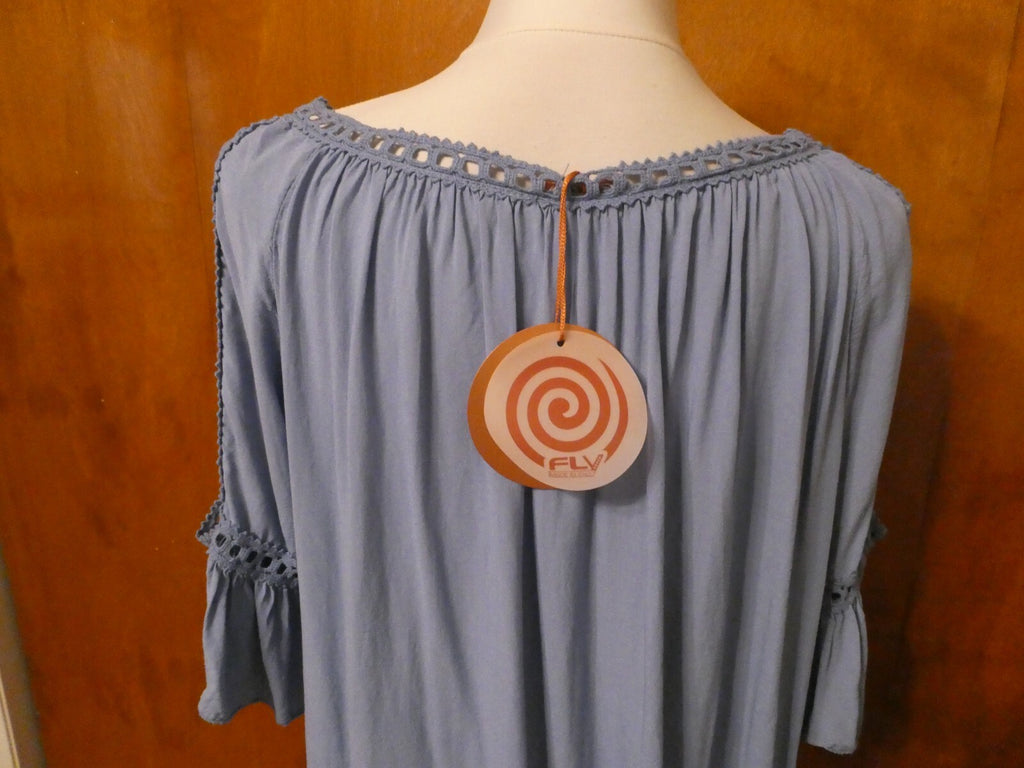 FLY women's blue embroidered open shoulder 100% viscose top size 8