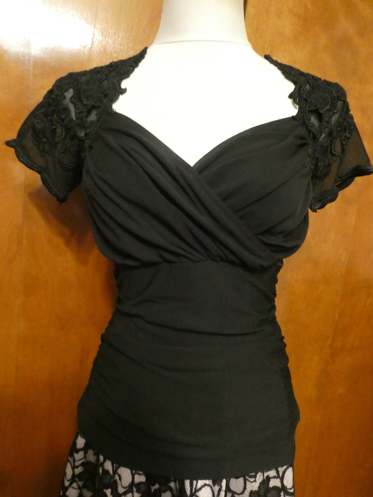 Vintage 90’S CACHE black sheer evening top mesh thong short sleeve size Small
