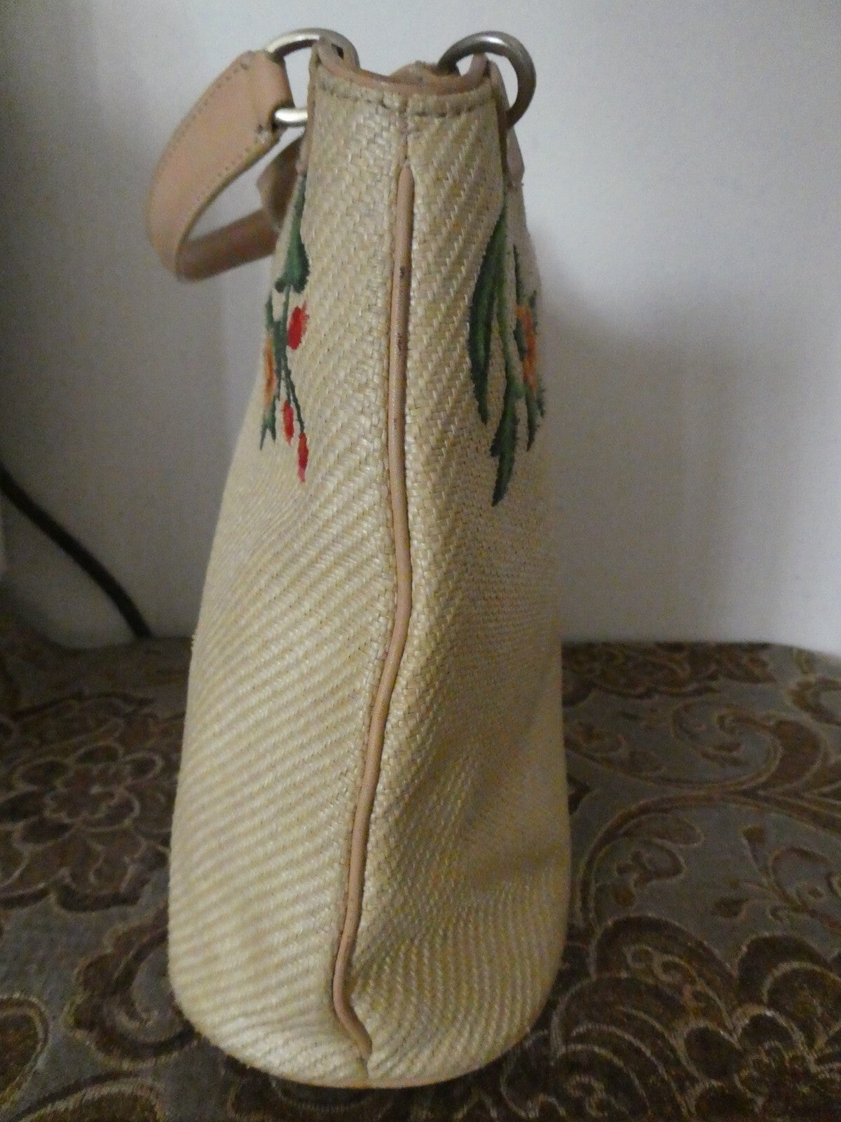 Cole Haan Embroidered Woven Straw Purse / Handbag with Gold Tone