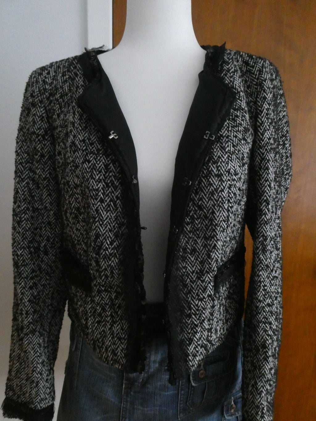 Sinequanone Women Black White Tweed & Sequin Wool Blend Lined Blazer Size Large