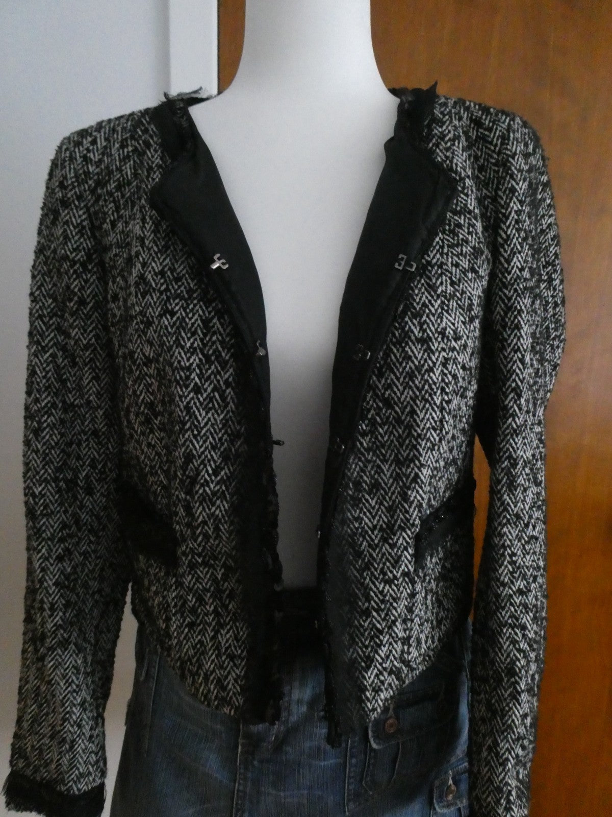 Sinequanone Women Black White Tweed & Sequin Wool Blend Lined Blazer Size Large