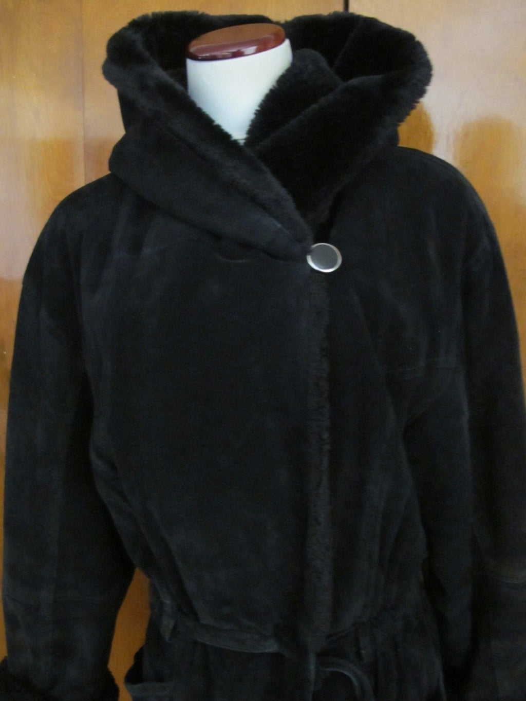 Women's Otello Pelle Black Hooded Cuir Leather Winter Coat Medium