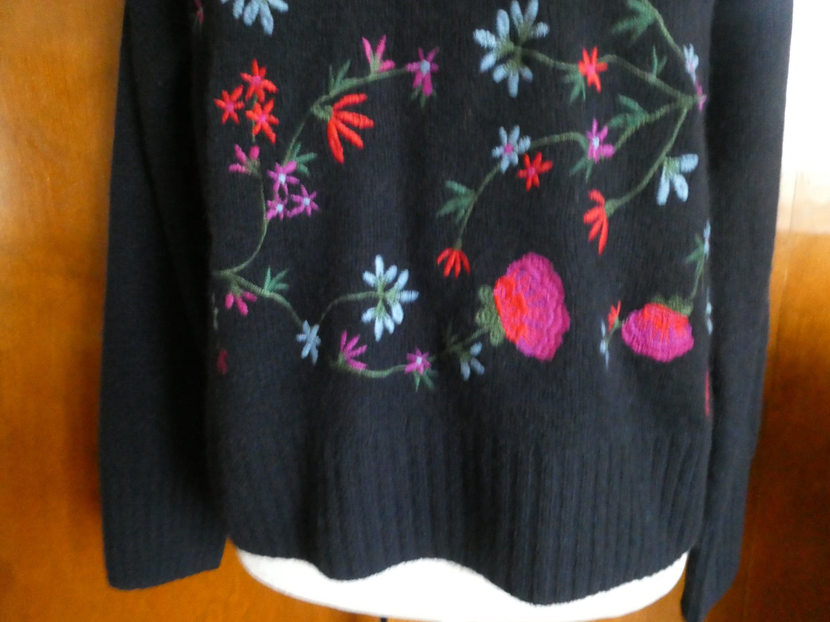 Bloomingdale's 100% Cashmere Floral Embroidered Sweater Navy Women's XS NWT
