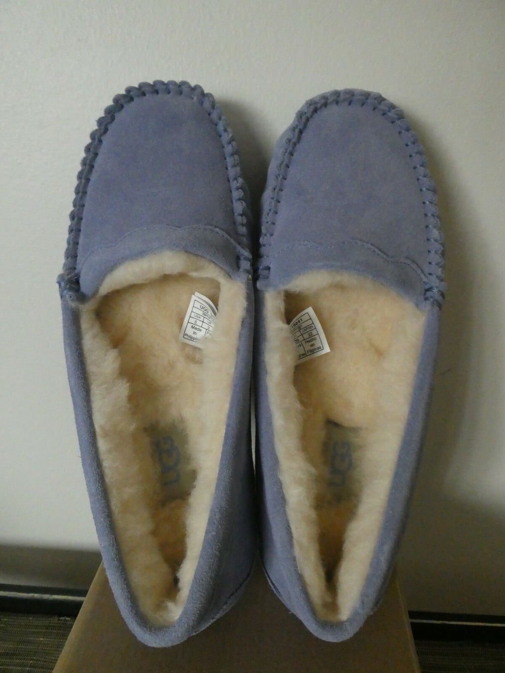UGG Scalloped Moc Women Blue WLD Authentic Winter Suede Fur Moccasin Slipper 5,6