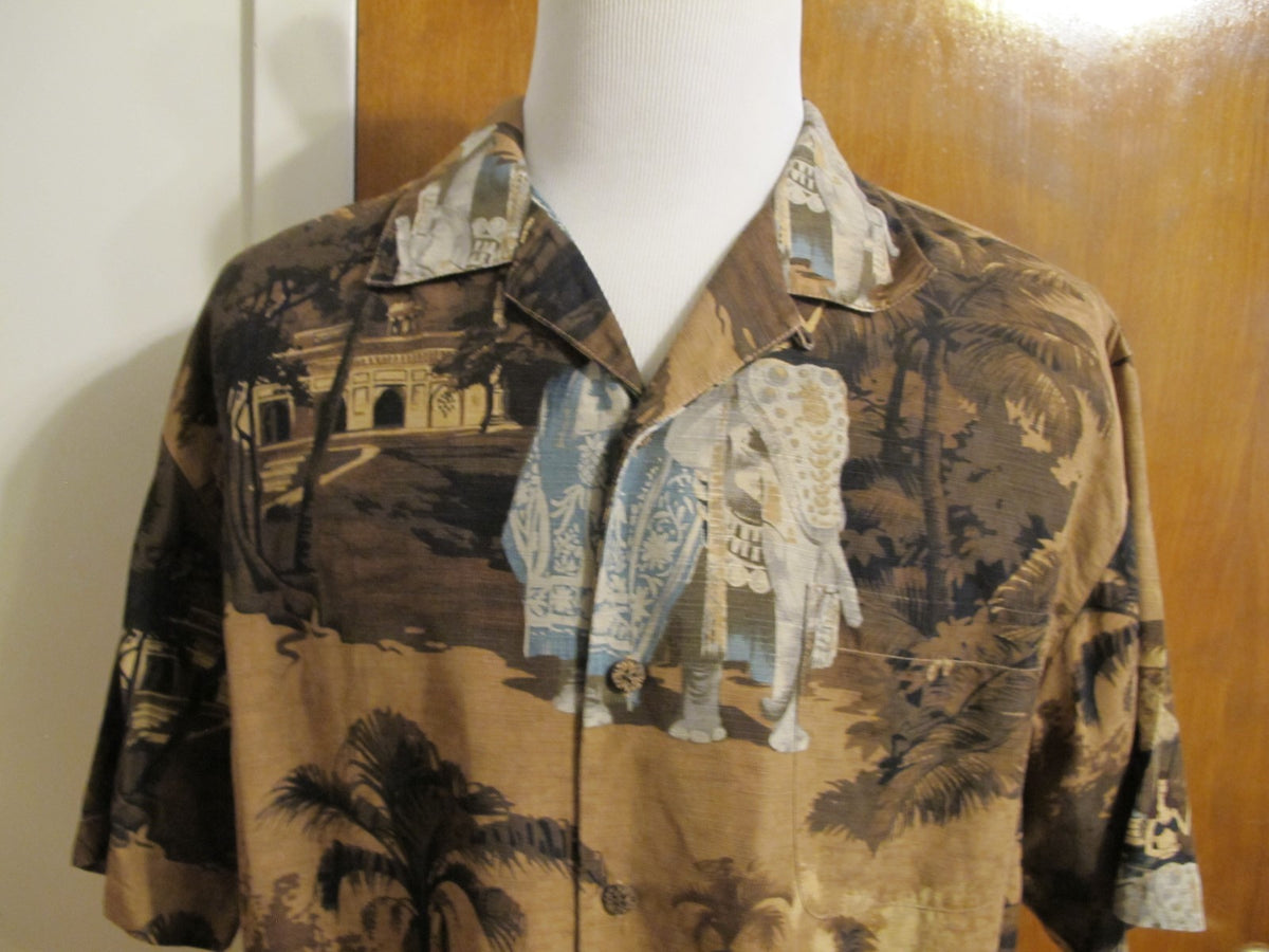 Tommy Bahama Men's Silk Multi Color Brow Blue Gray Beach Shirt Large Very Nice