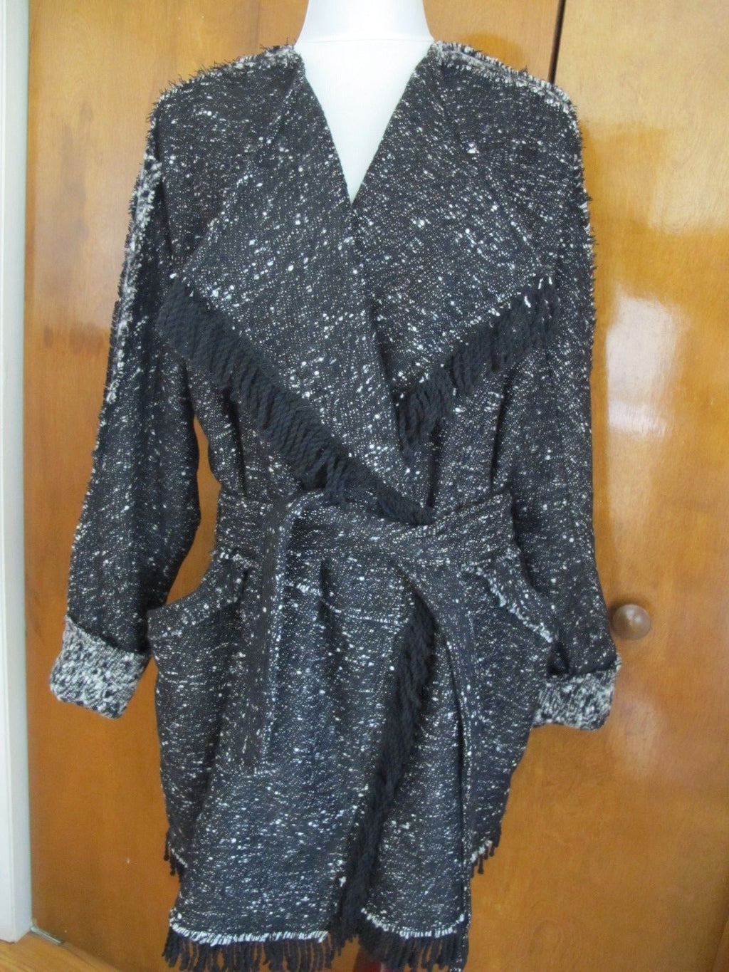 Free People Womens Black Combo Lined Fringe Wrap Coat Medium NWT fits Large