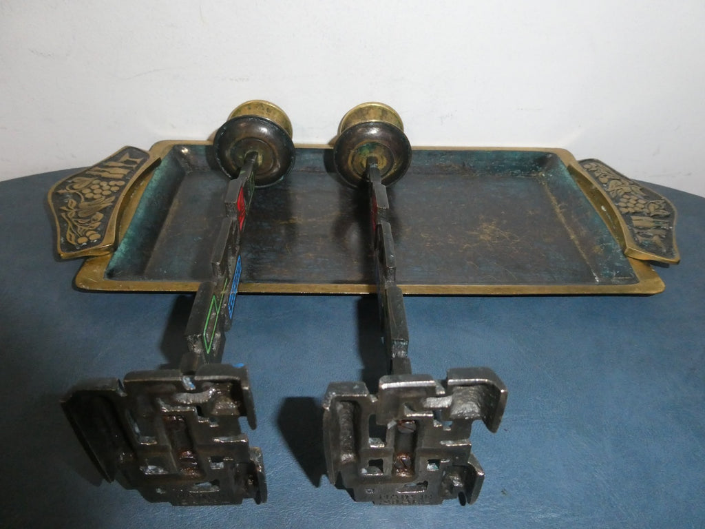 Vintage Made in Israel Brass Shabbat Candlesticks & Tray Set