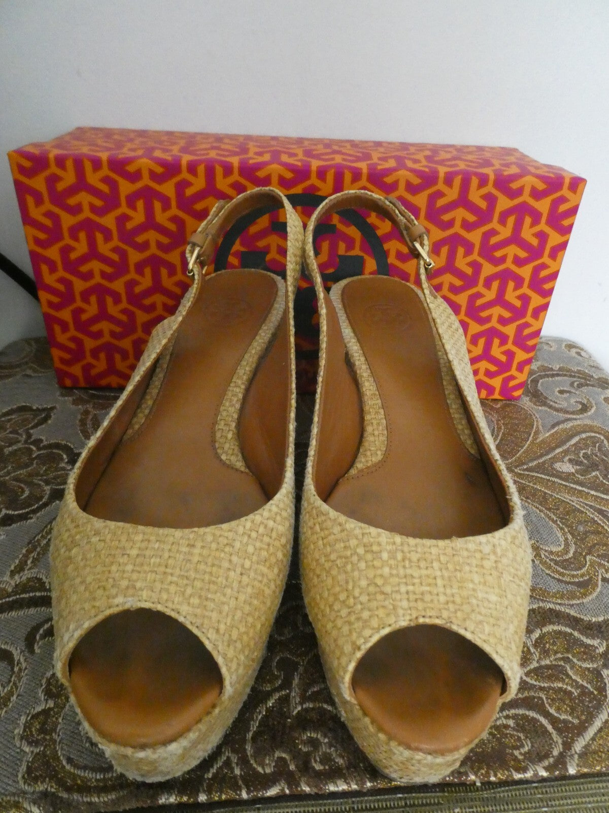 Tory Burch Textile Upper Leather Wedge Sandal Beige Size 7M
