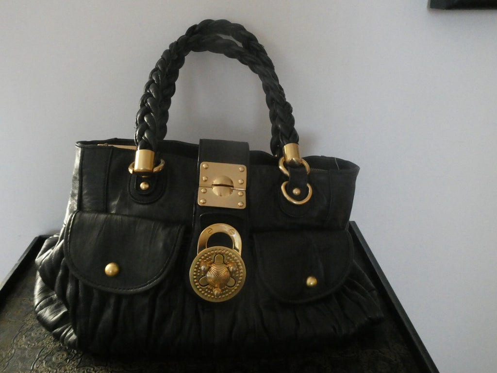 Steven by Steve Madden Women’s Black Genuine Leather Shoulder Bag Gold Turn Lock