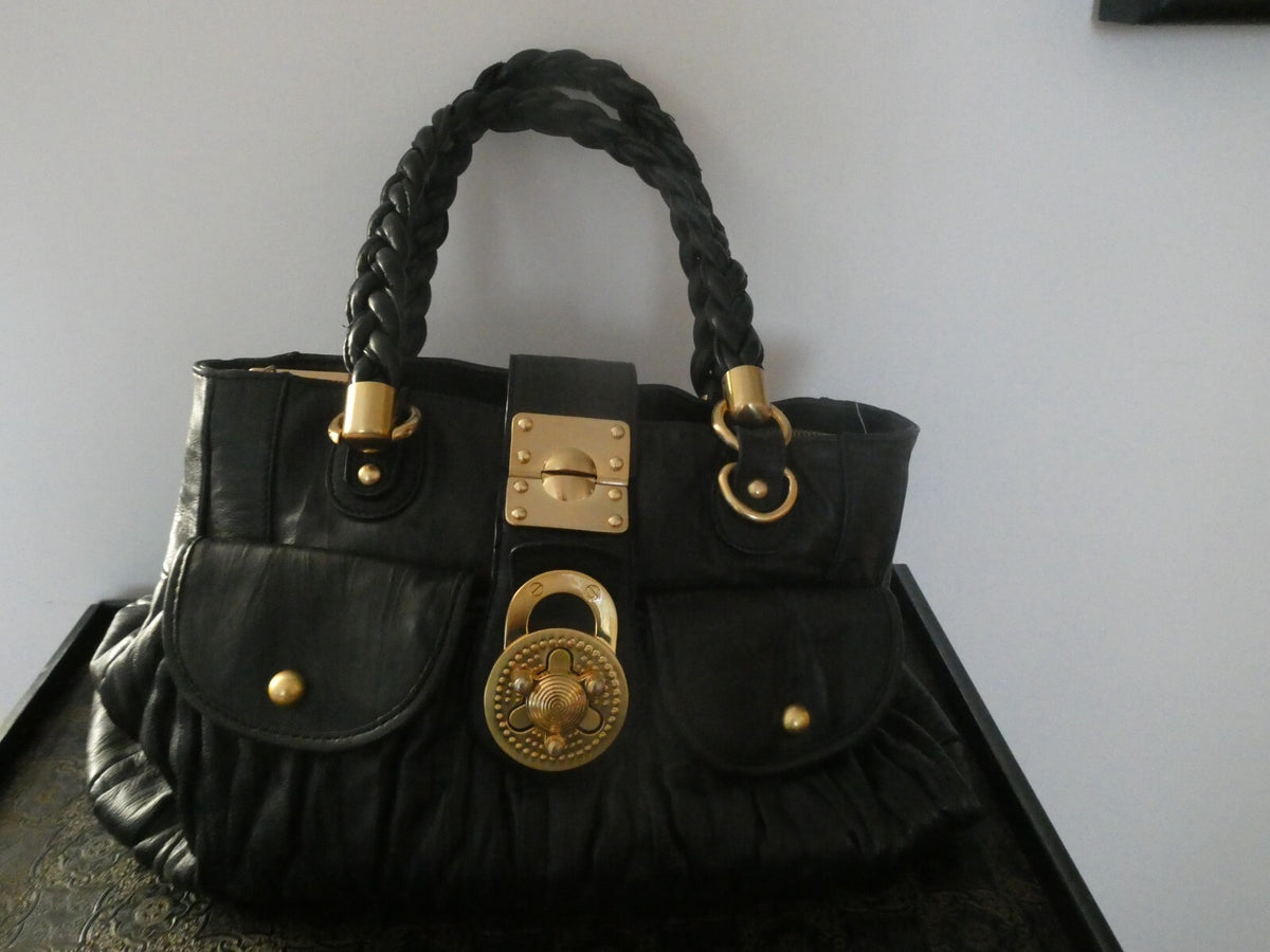 Steven by Steve Madden Women’s Black Genuine Leather Shoulder Bag Gold Turn Lock
