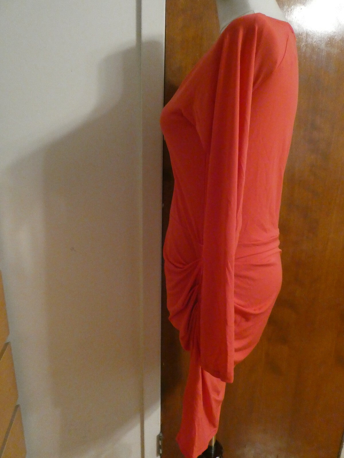 Rachel Roy Women’s Pinkish Deep Bright Red Gathered Long Sleeves Dress run small