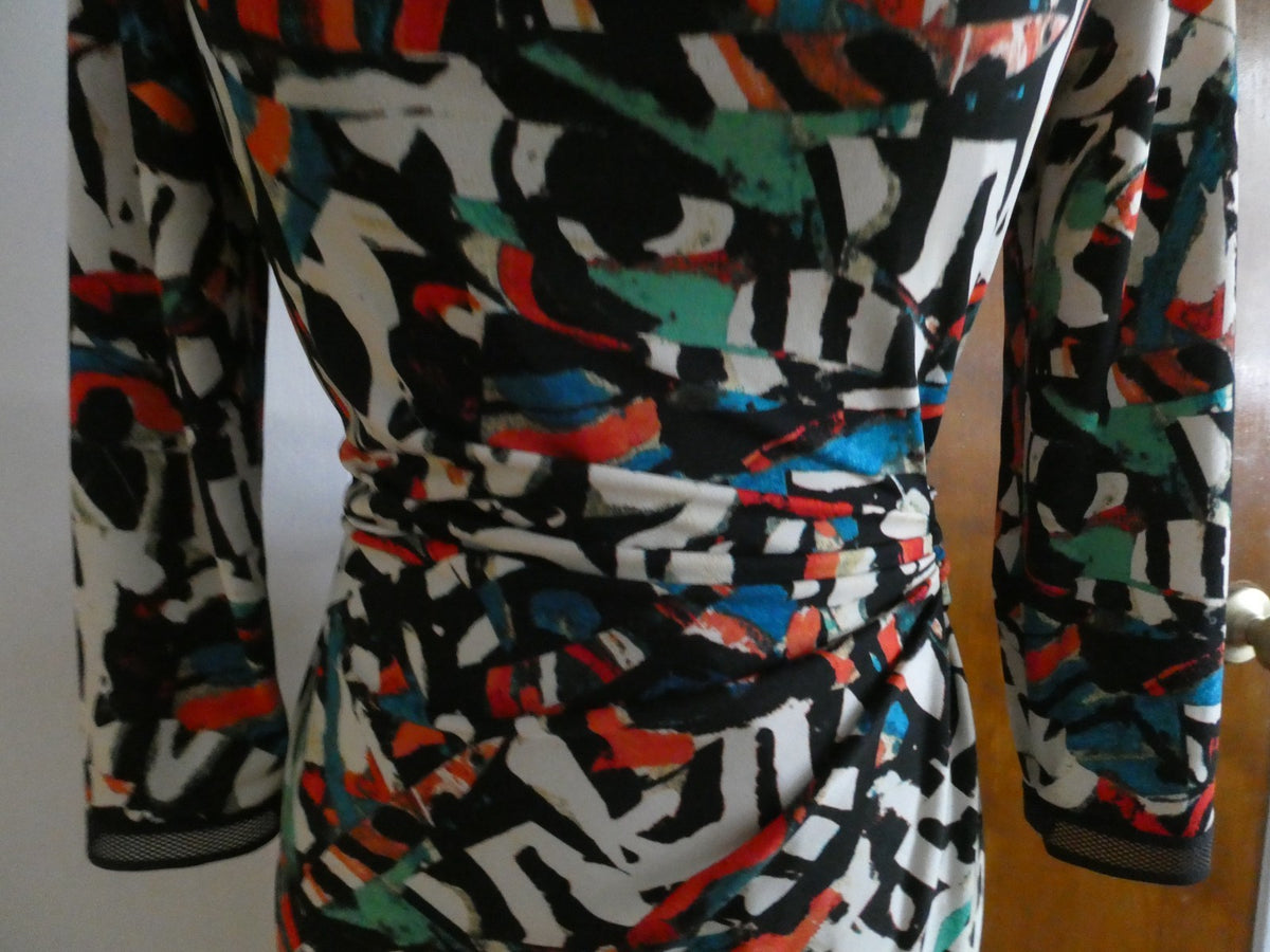 Tahari Arthur S Levine Dress Size 2 Abstract Print Ruched Sheath Career Cocktail