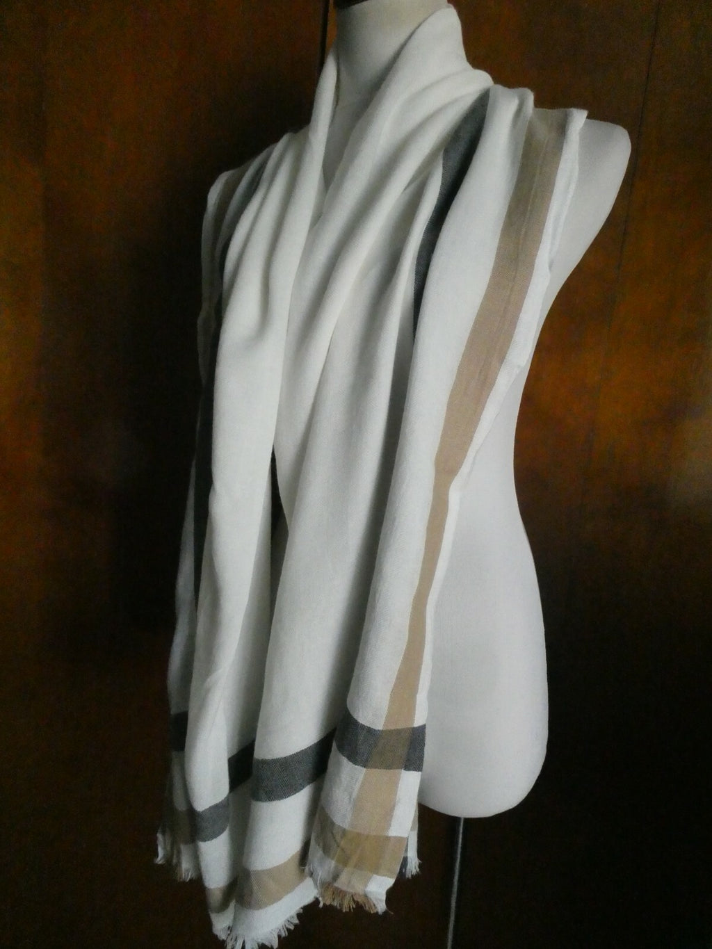 TALBOTS Women's Cotton/Viscose Soft Striped Wrap Scarf Ivory/Brown 28" by 70"