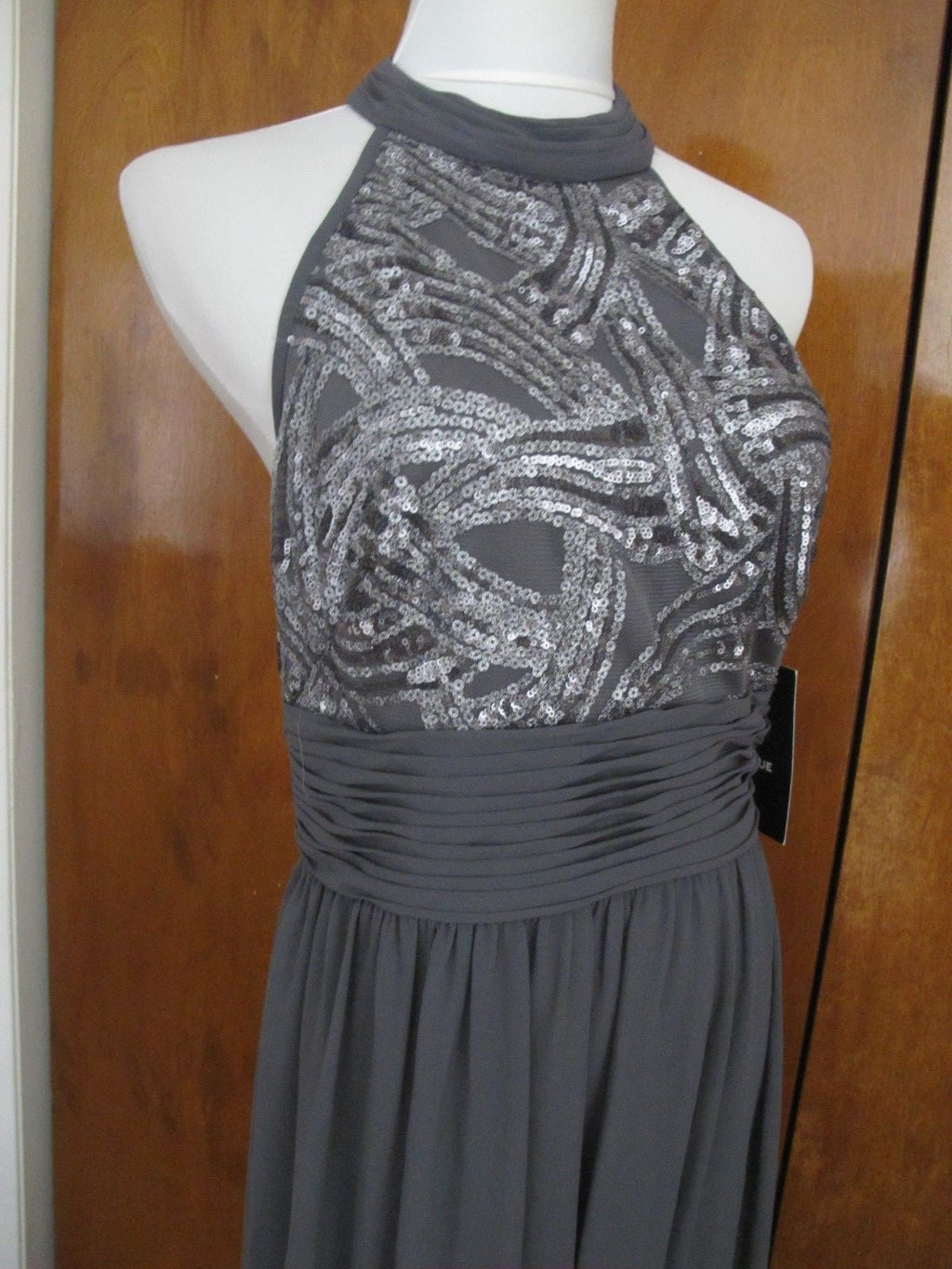 JS Boutique women's gray maxi evening sequined mesh dress size 10 