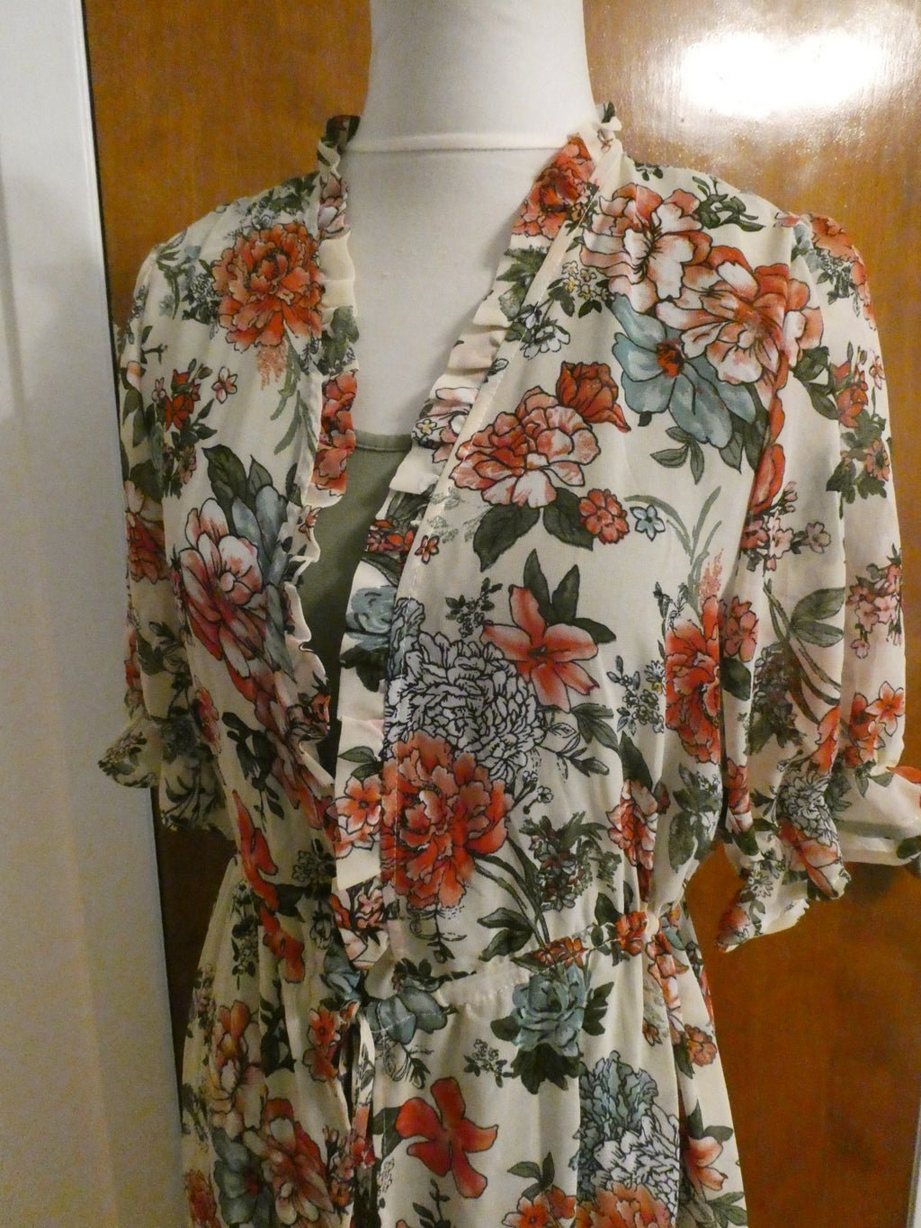 Liberty Love 2Pc Floral Chiffon Duster Dress Set Olive Green Asymmetrical Medium
