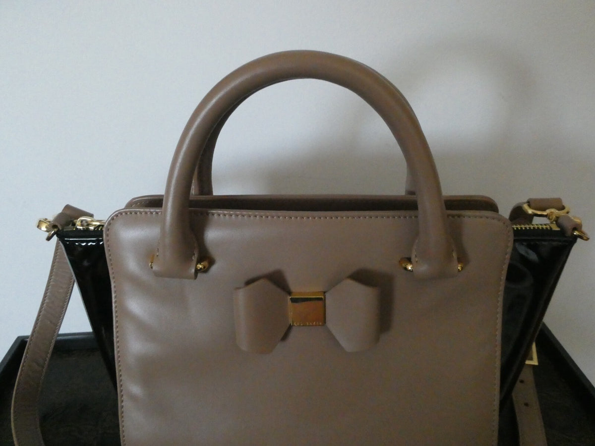 Ted Baker London Leather Crossbody Bag Nude/Black Top Handle Gold Bow Handbag