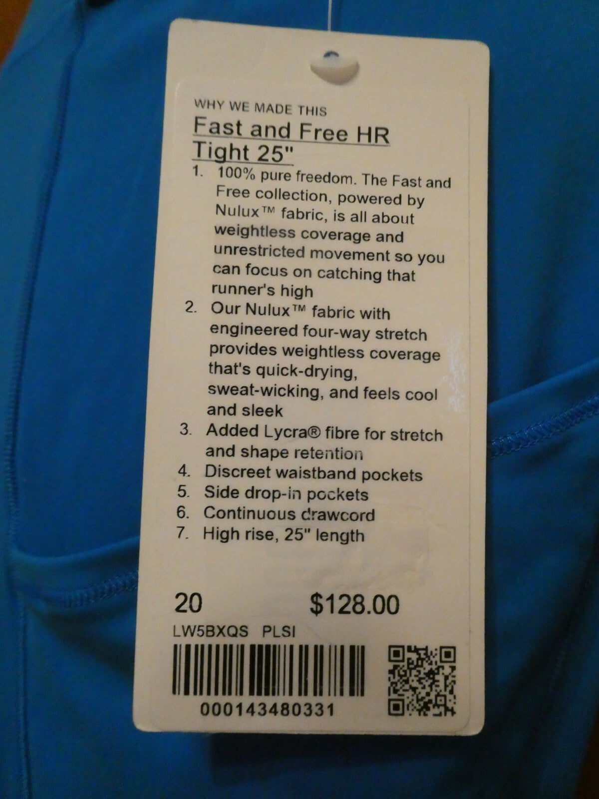 Lululemon Women’s Fast Free HR Tight Legging 25” Blue PLSI Size 20