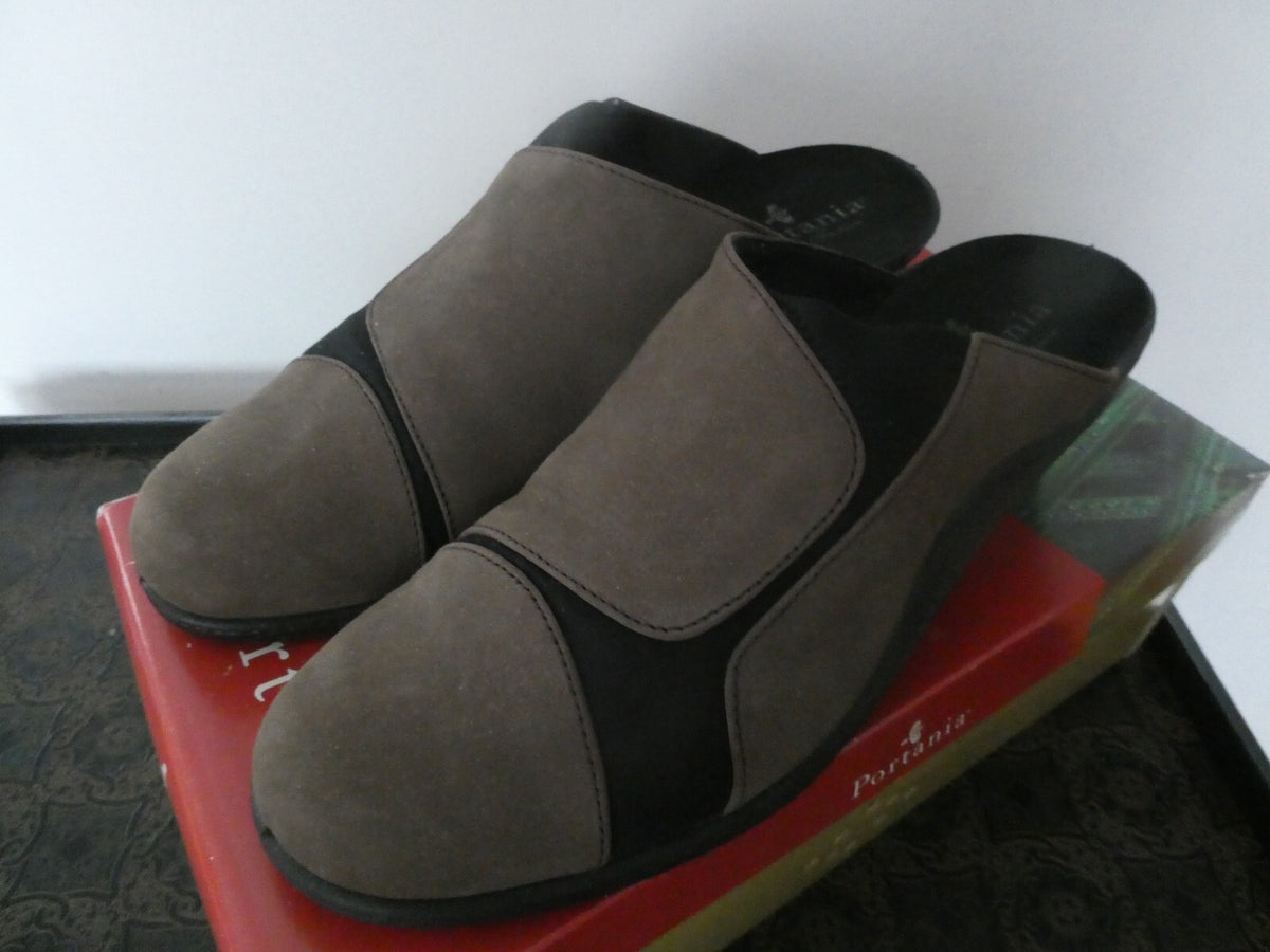 Portania Mokassina taupe nubuk brown suede mule women’s US 9 EU 40