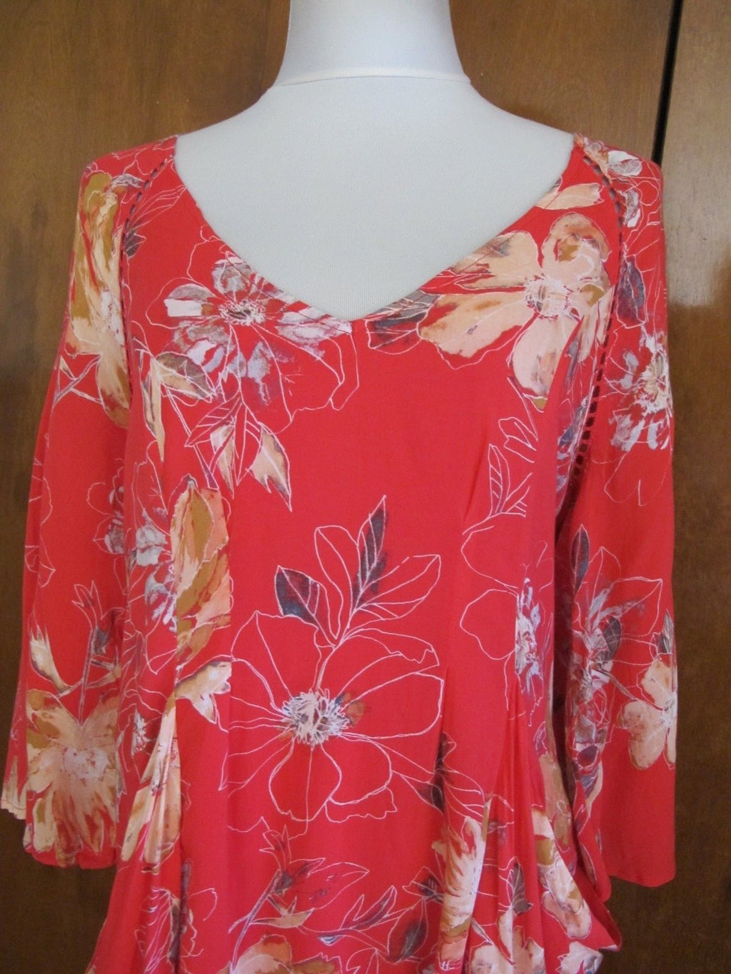 Free People women multi color relaxed fit short lined 3/4 Sleeve rayon dress 10 