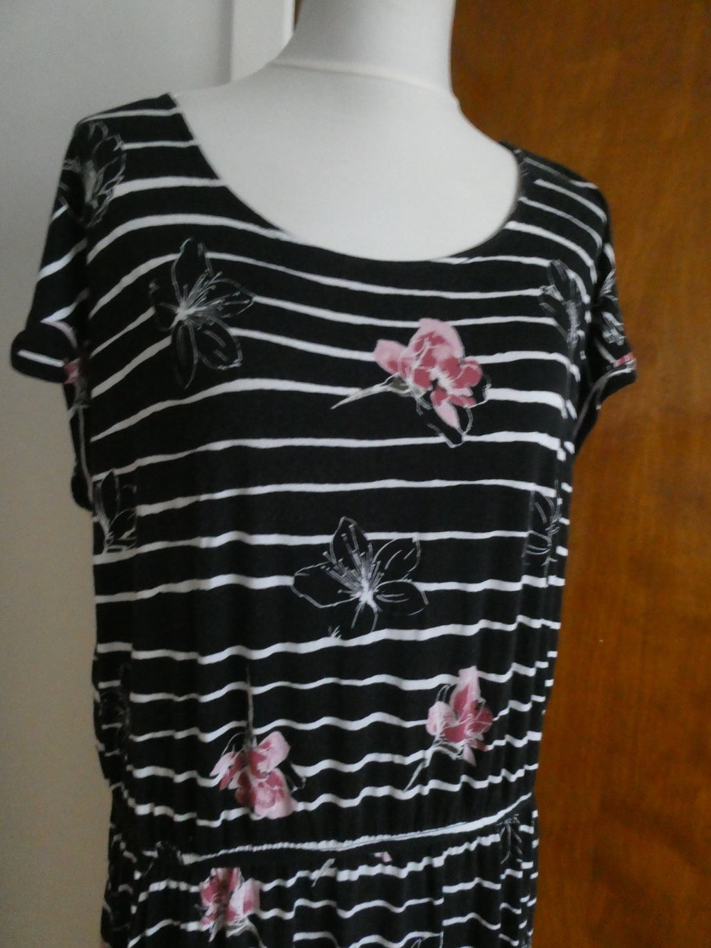 Apt 9 Dress Women's XL Black White Stripe Floral Rayon Spandex Pockets RN 73277