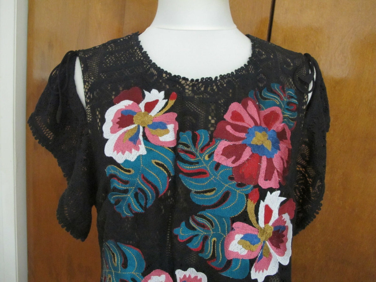 Anthropologie Ranna Gill Black Noir Embroidered Lace Cold Shoulder Dress  Large