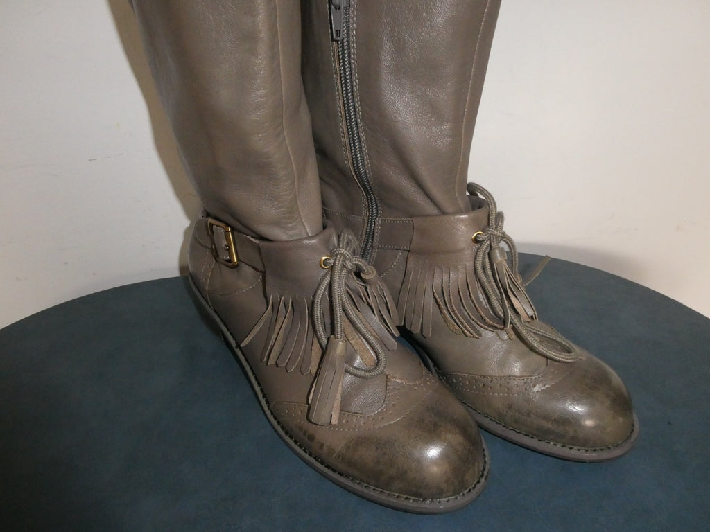 Lucky Penny Tall Fringe Boots Women’s 7.5B Gray Taupe Leather Knee High Boho