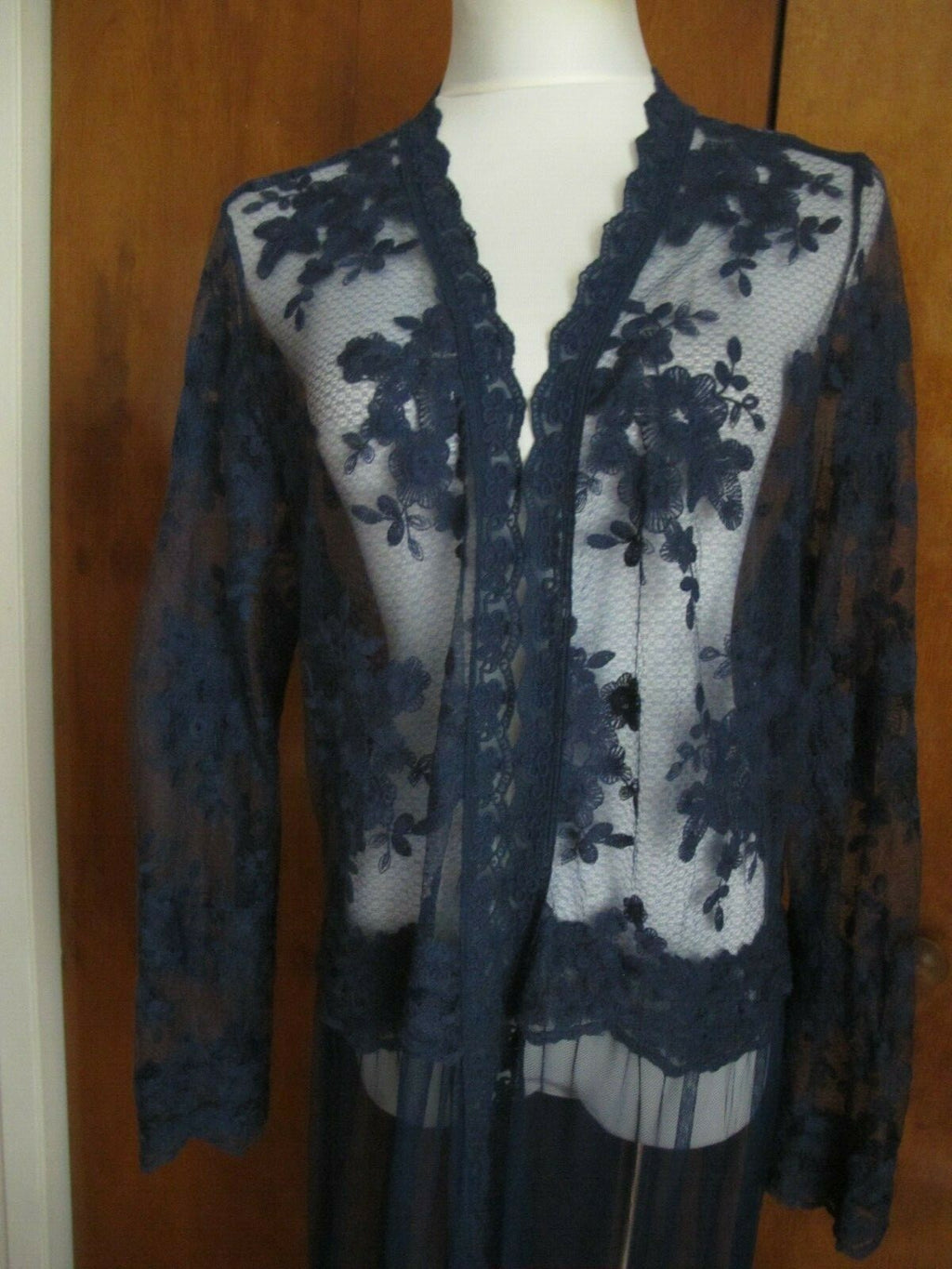 Indigo Thread Co. Women's Navy Mesh Long Sleeve Embroidered Duster Cardigan 1X