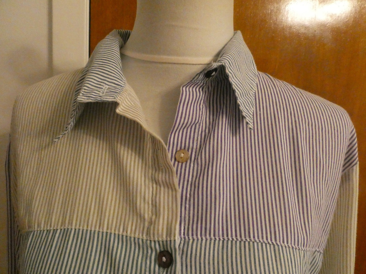Tapelo Womens Top Size Large Striped Colorblock Button Front Roll Tab Sleeve USA