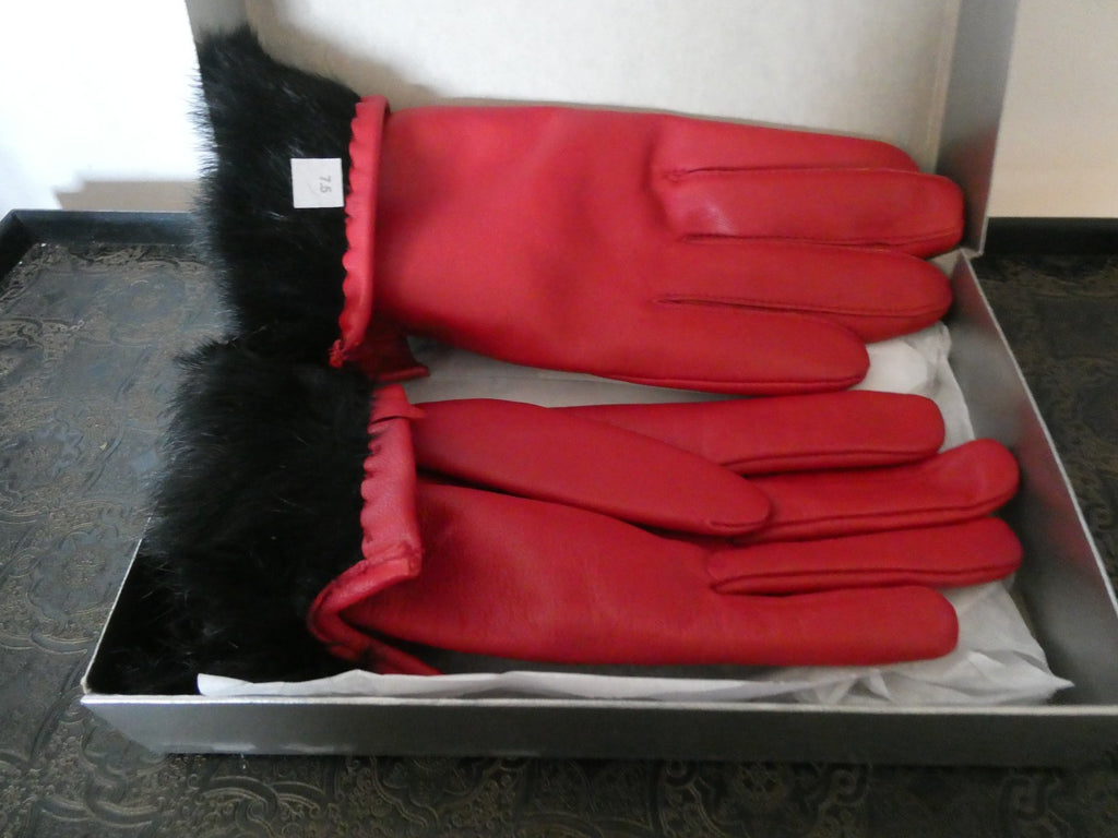 Vintage Charter Club Red Genuine Leather Gloves 7.5 Real Rabbit Fur Cuff New Box