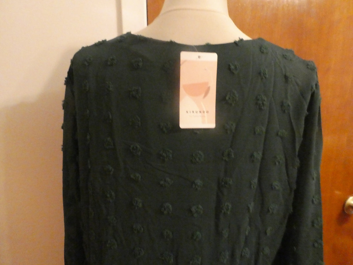 KIRUNDO Women’s Green long Sleeves Mini V Neck Flowy Swiss DOT Babydoll Dress XL