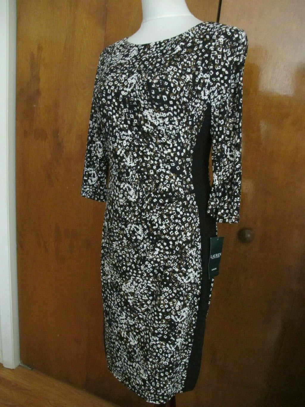 Ralph Lauren women's black brown white gathered lined dress 8 