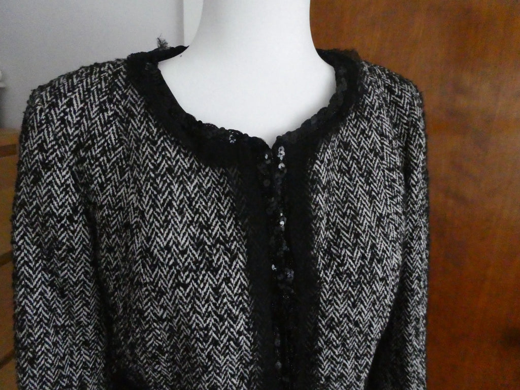 Sinequanone Women Black White Tweed & Sequin Wool Blend Lined Blazer Size Large