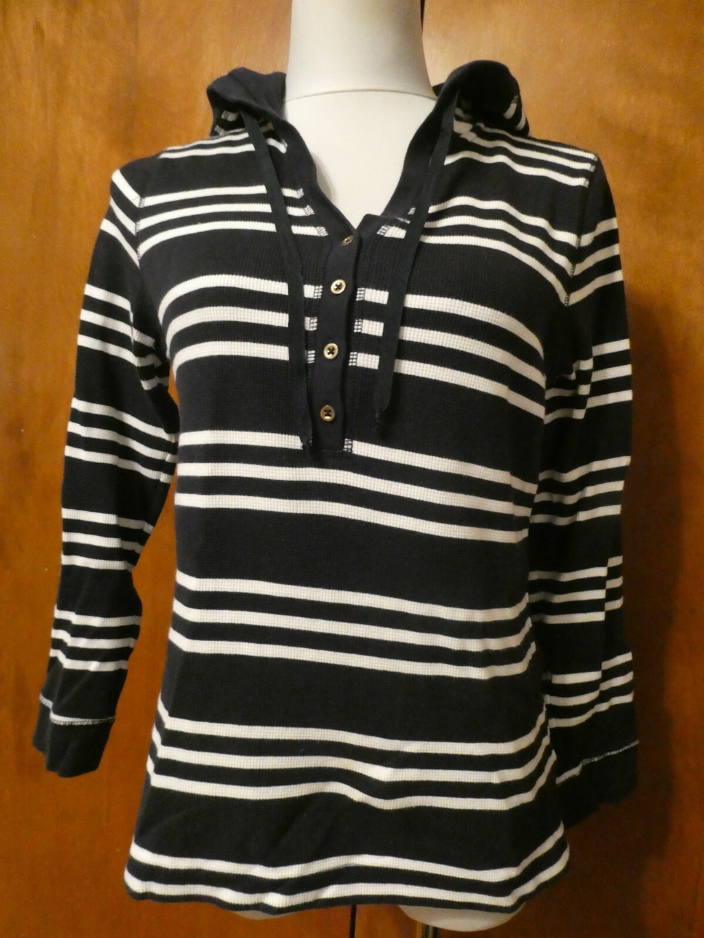 Charter Club Women's Navy Striped Sweater Attached Hood Medium Preowned 