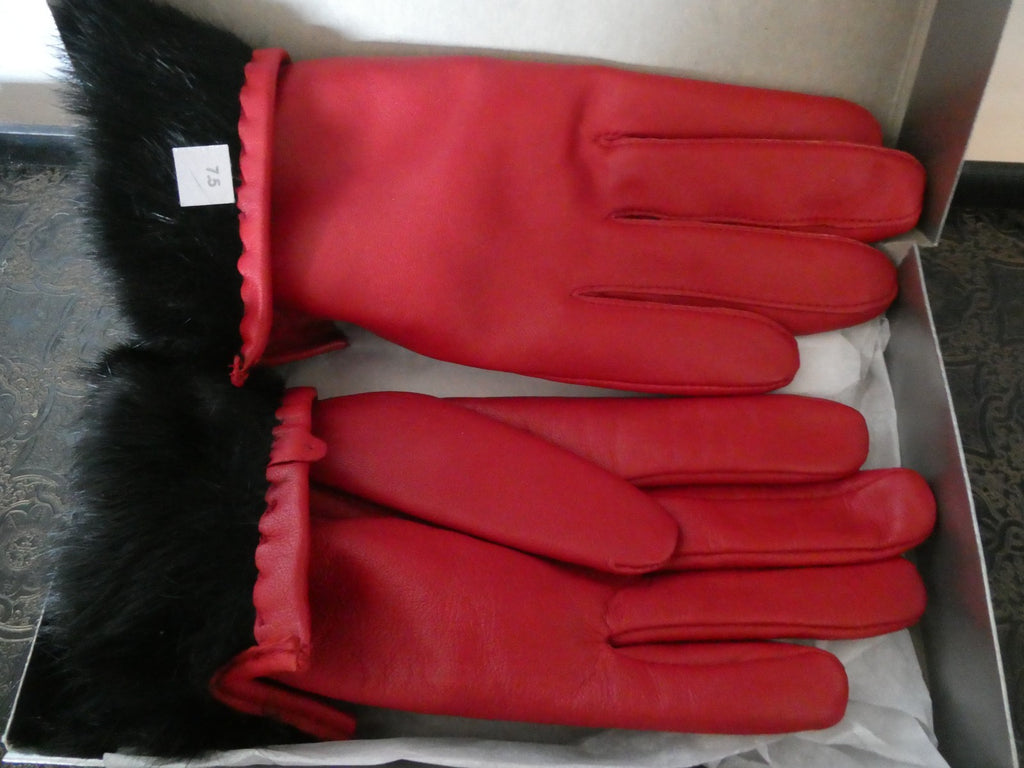 Vintage Charter Club Red Genuine Leather Gloves 7.5 Real Rabbit Fur Cuff New Box