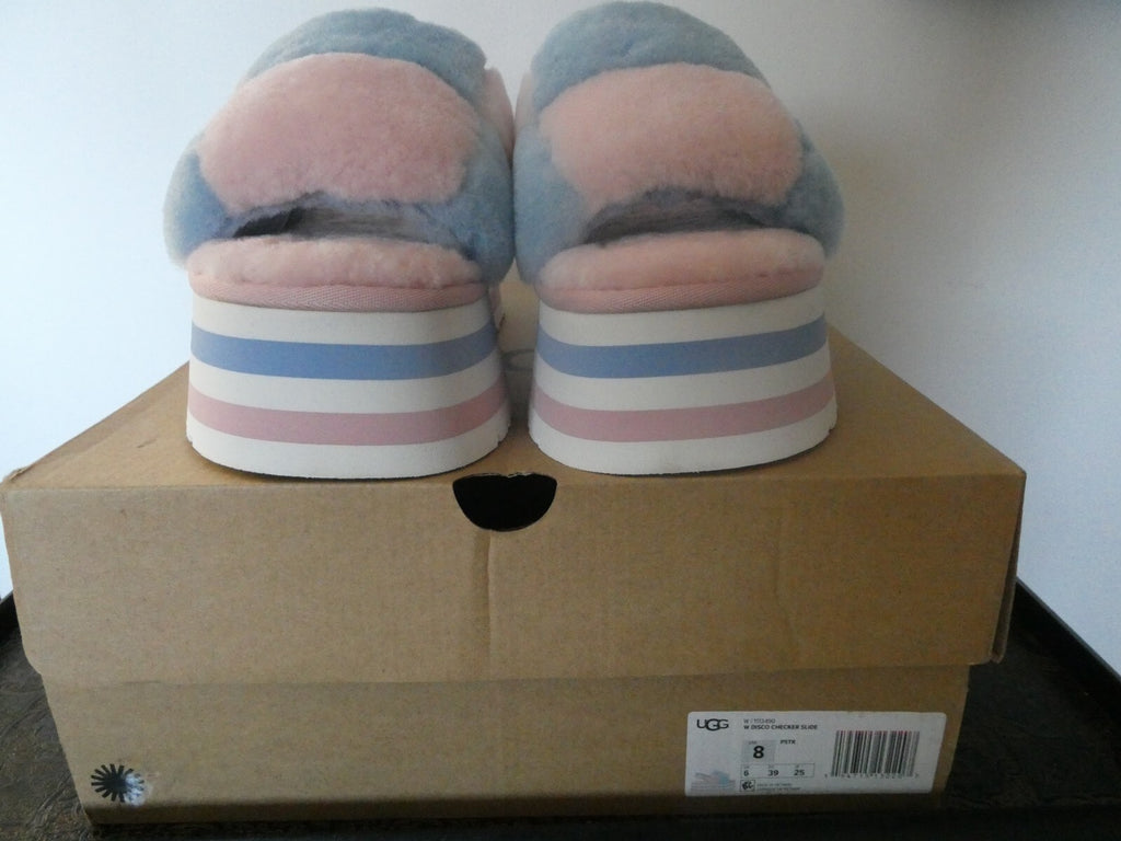 UGG WOMEN’S PINK/BLUE DISCO PASTEL STRIPE COMBO FLUFF SLIDE SANDALS US SIZE 8