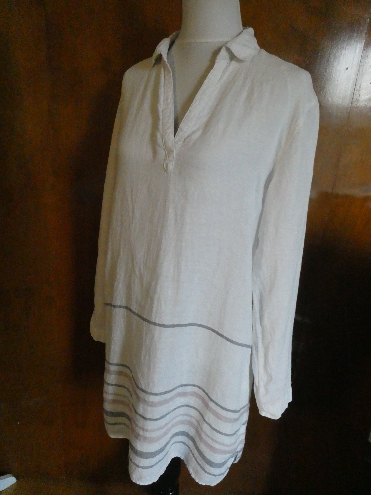 Tahari 100% Linen Striped Tunic Dress White Long Sleeve Pockets Size Medium