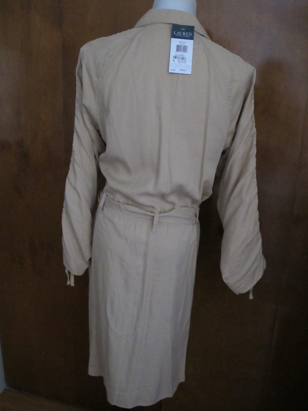Lauren Ralph women beige ruched sleeve button down shirt dress New