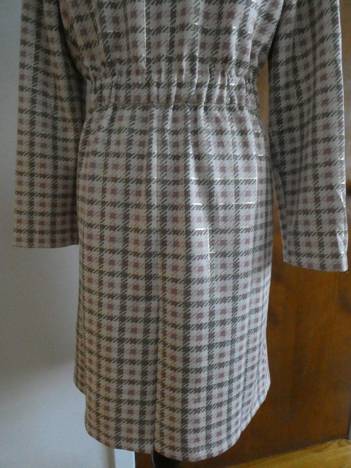 Aliceblue Women’s Plaid Long Jacket Coat Gray Pink Gold Snap Stretch Size Small