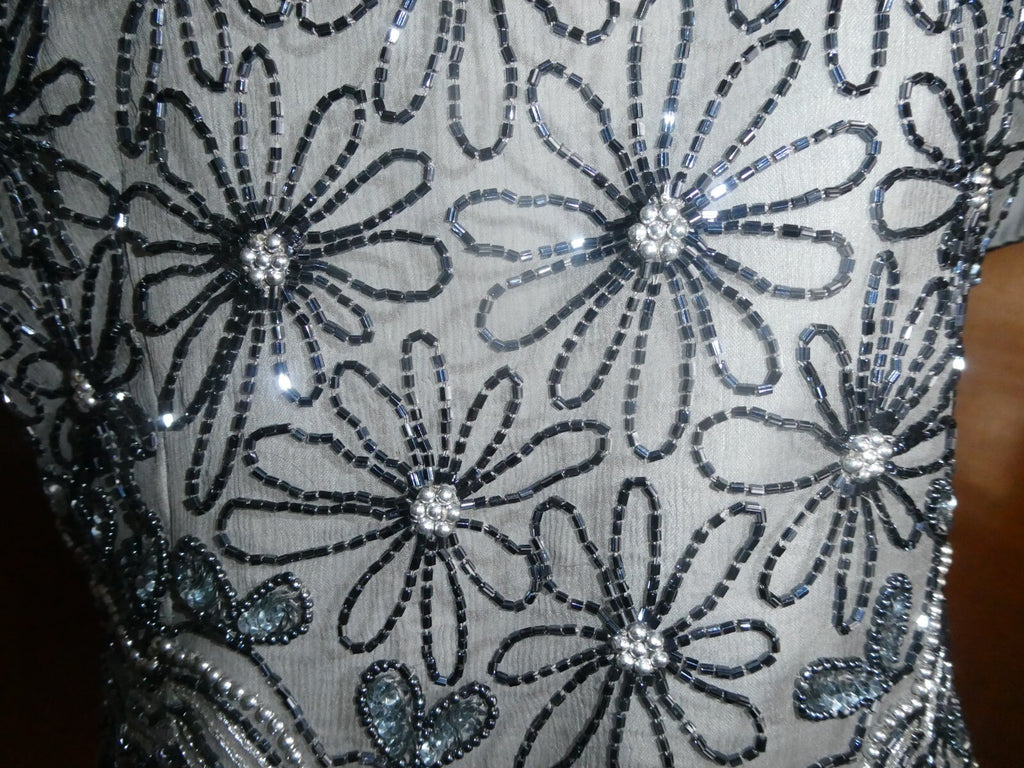Papell Boutique Women Gray Evening 100% Silk Beaded Party Top Sz XL (fits M/ L)