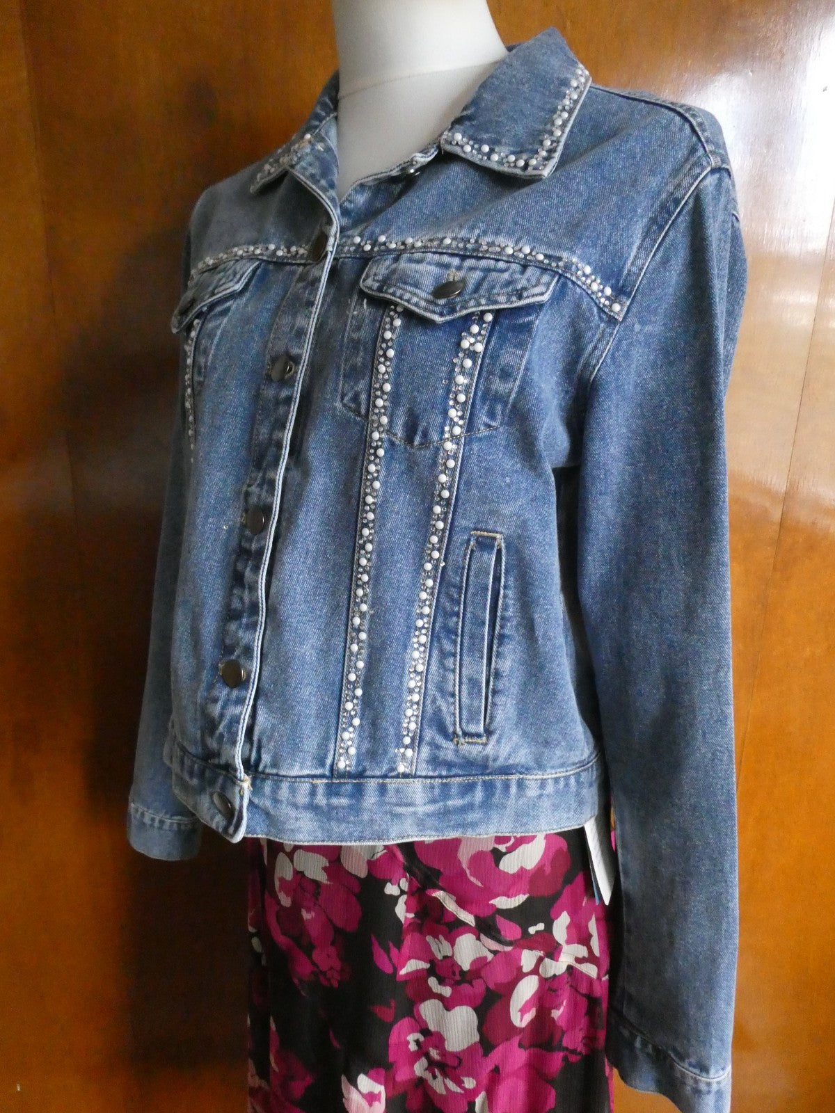 Alexis Taylor Women 100% Cotton Beaded Jeans Blazer Jacket Blue XLarge (fits L)