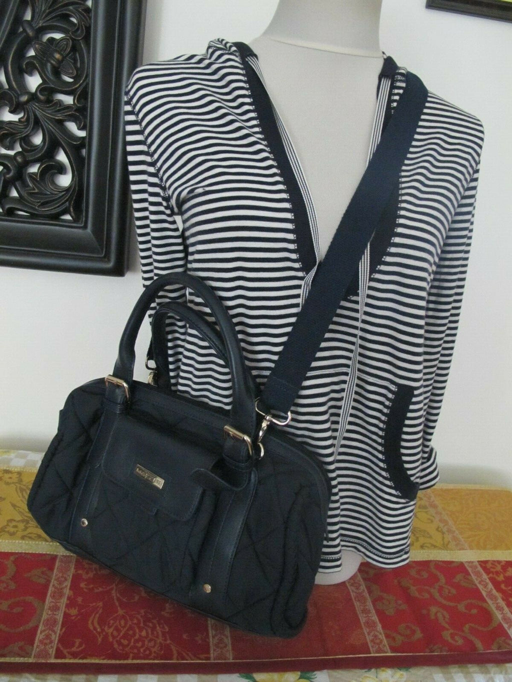 Mazzini women's navy cloth with leather  houlder Crossbody Quilted Zippered Bag
