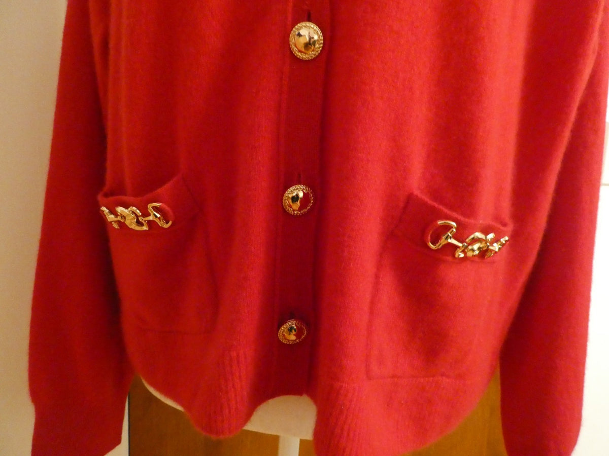 Bloomingdale's Scarlett Cardigan Large NWT 100% 2-Ply Cashmere Red Gold Trim