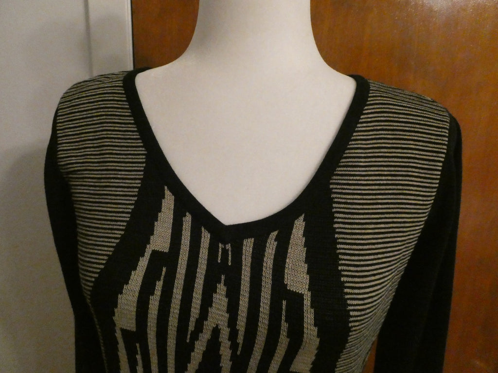 Ivanka Trump Sweater Knit Dress Women Black Beige Geometric Long Sleeve Bodycon