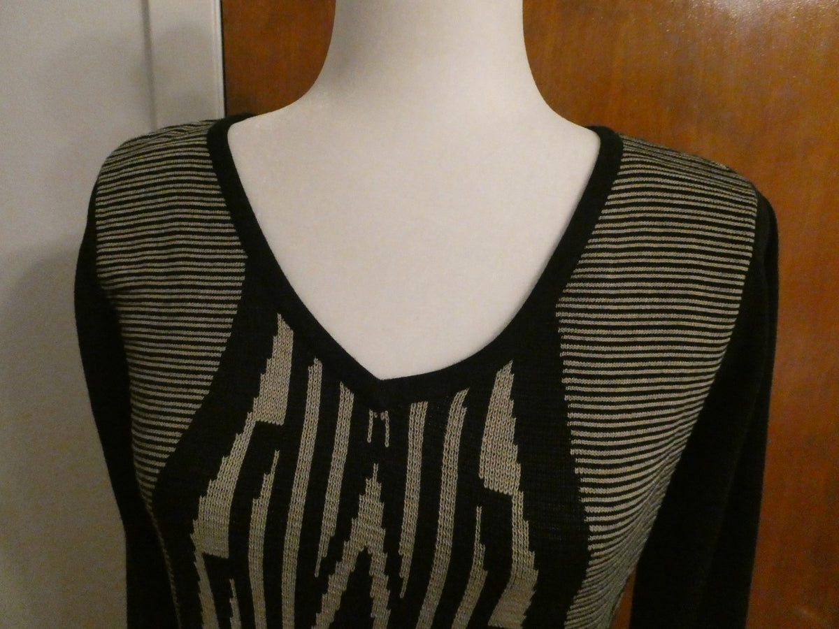 Ivanka Trump Sweater Knit Dress Women Black Beige Geometric Long Sleeve Bodycon