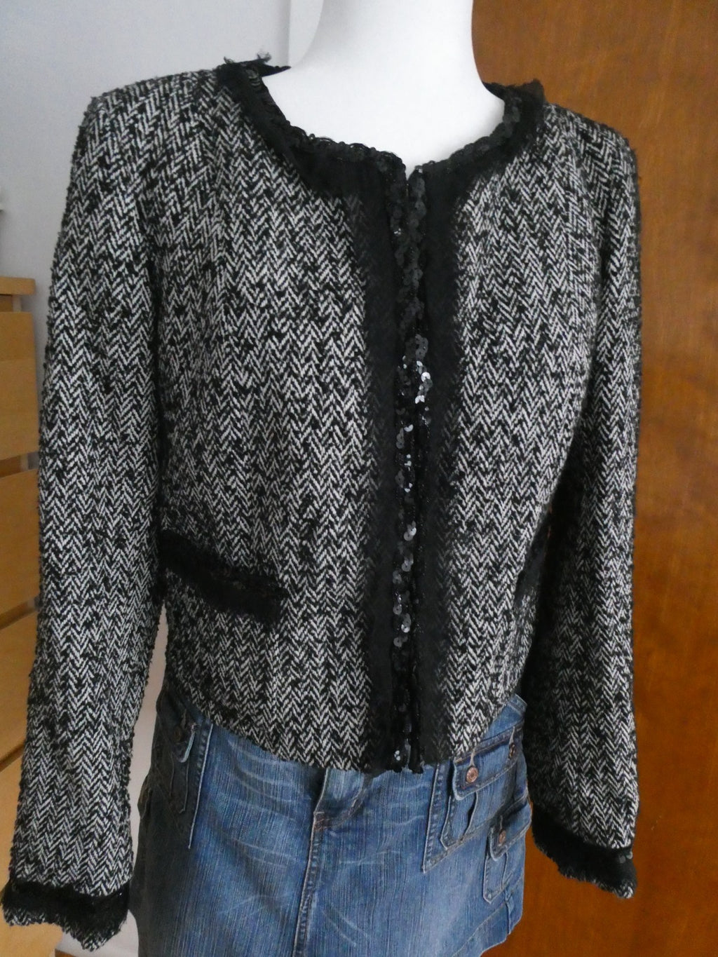 Sinequanone Women Black White Tweed & Sequin Wool Blend Lined Blazer Size Large