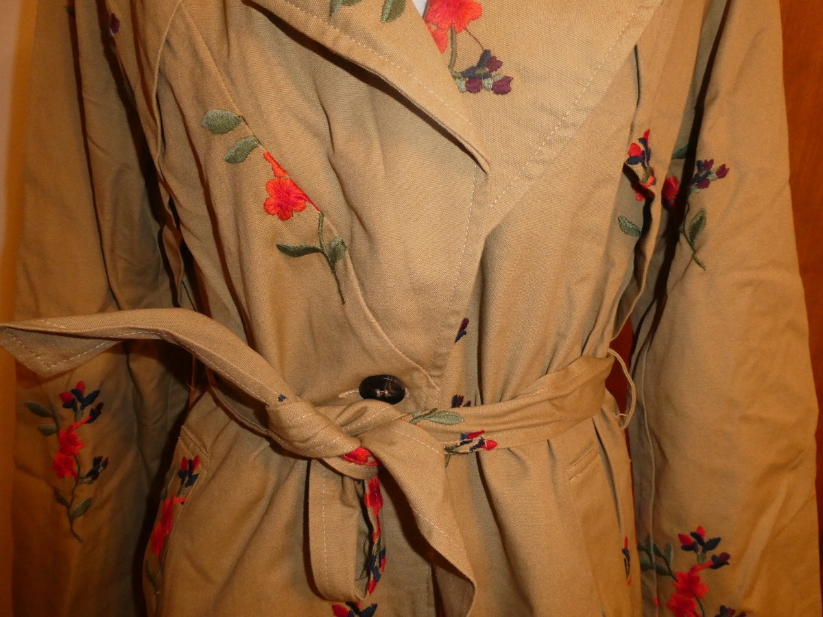 Anthropologie Cartonnier Honeymiel Embroidered Floral Trench Coat Women Belted