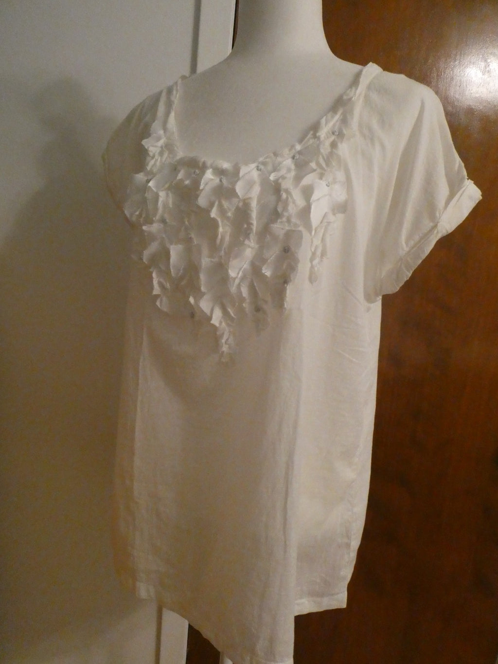 Calvin Klein Jeans Women White Embellished Ruffle Top WF11H07 Short Sleeve M