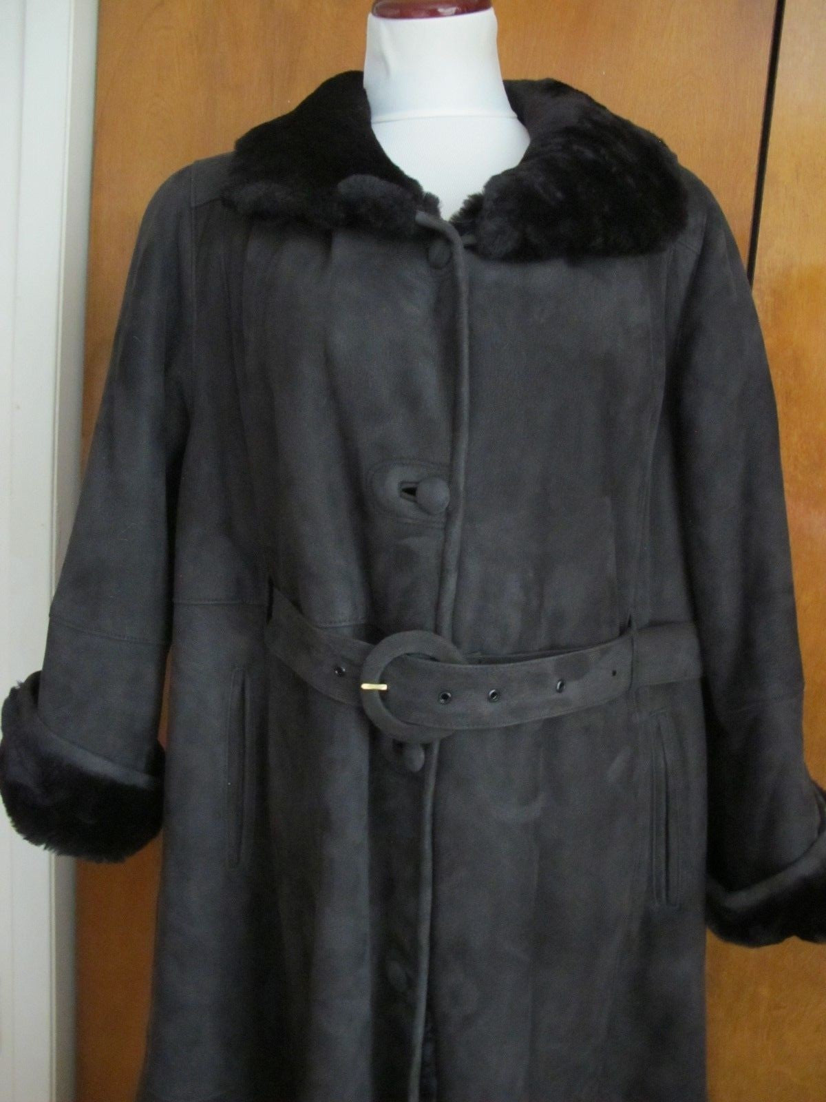 Womens Dark Black Shearling Sheepskin A Line Winter Coat Spain 10 Run Big US 14